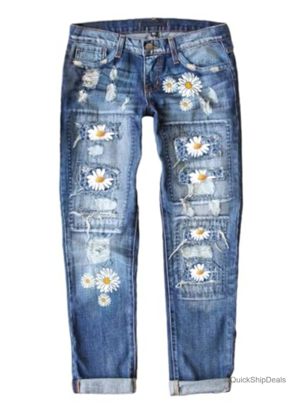 Ripped Boyfriend Skinny Jeans Plaid Patch Distressed Denim Pants